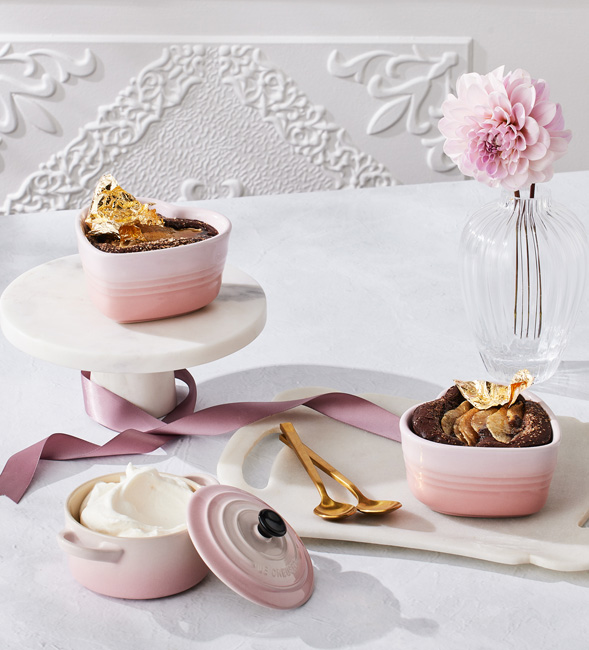 Pear and Chocolate Heart-Shaped Puddings with Amaretto Cream